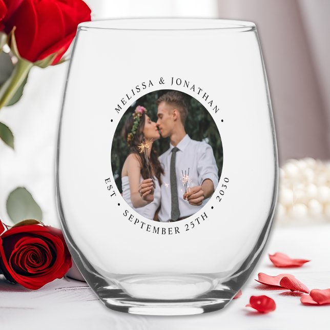 Custom Photo Newlywed Couple Name Est Date Wedding Stemless Wine Glass (Creator Uploaded)