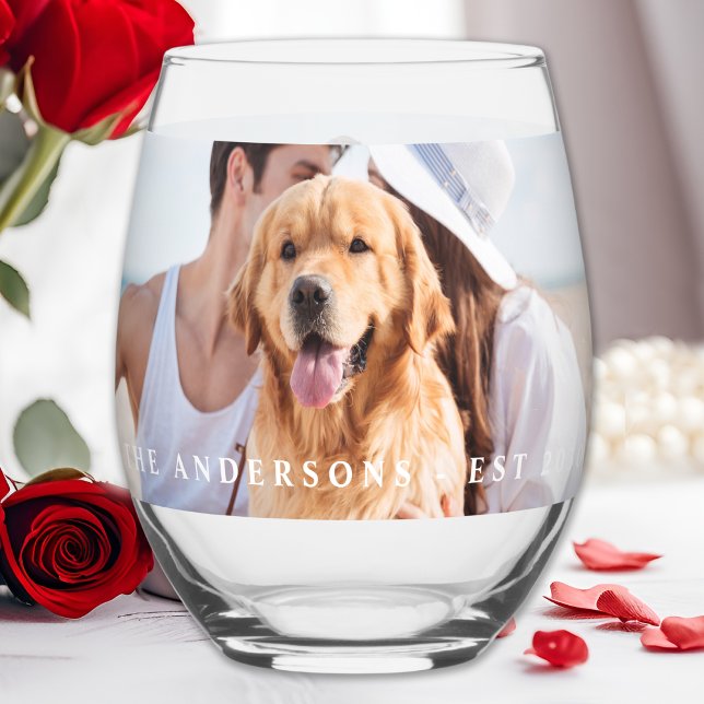 Custom Photo Newlywed Name Date Modern Wedding Stemless Wine Glass (Creator Uploaded)