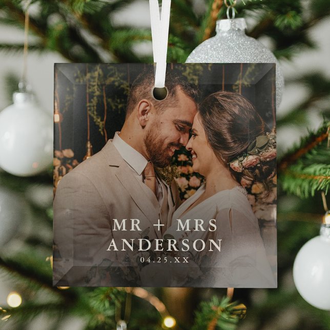 Custom Photo Newlyweds Mr + Mrs Christmas  Glass Tree Decoration (Creator Uploaded)
