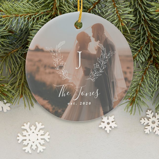 Custom photo newlyweds name monogram elegant  ceramic tree decoration (Creator Uploaded)