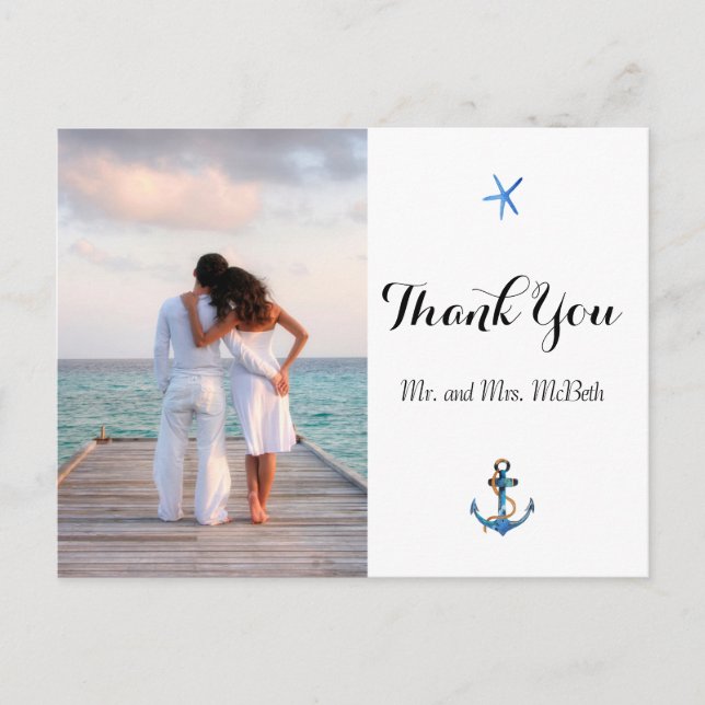 Custom Photo Ocean Blue Beach Wedding Thank You Postcard (Front)