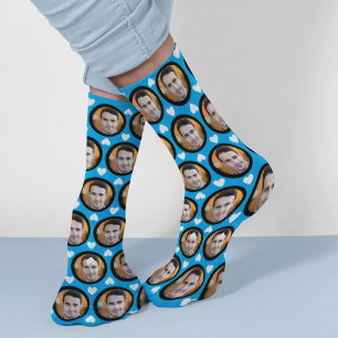 Custom Photo of Boyfriend Girlfriend Hearts Blue Socks