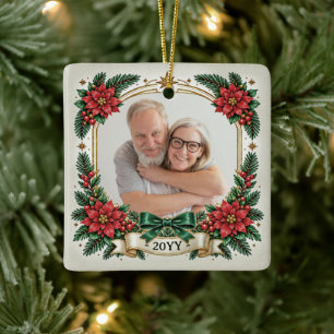 Custom Photo Ornament, Vintage Floral Poinsettias Ceramic Ornament