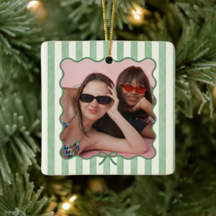 Custom Photo Ornament, Watercolor Green Striped Ceramic Ornament