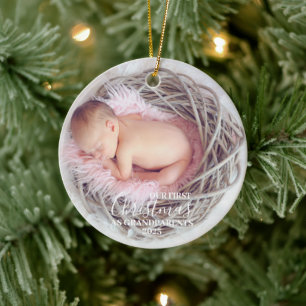 Custom Photo Our First Christmas As Grandparents Ceramic Tree Decoration