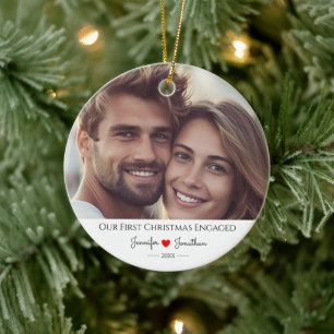 Custom Photo Our First Christmas Engaged   Ceramic Tree Decoration