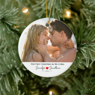Custom Photo Our First Christmas Married Ceramic Tree Decoration