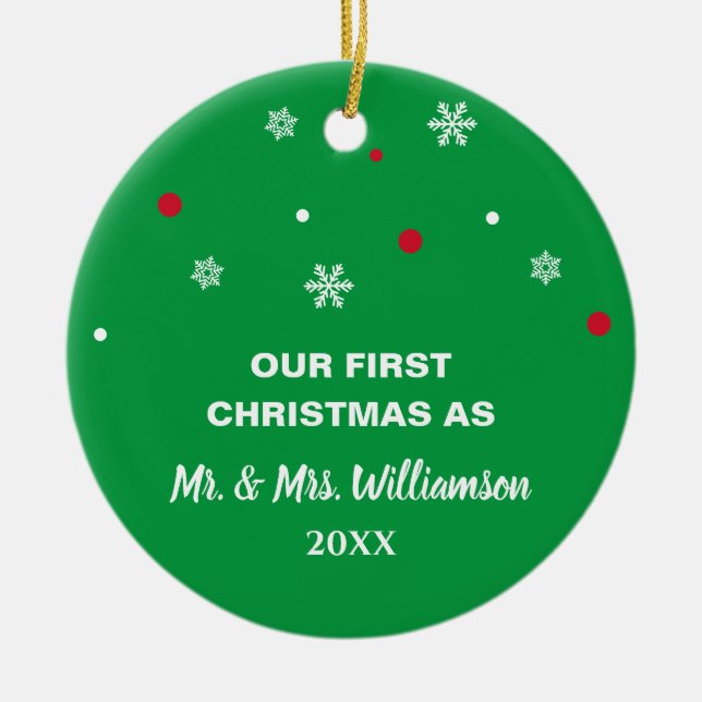 Custom Photo Our First Christmas Married Couple Ceramic Tree Decoration (Front)