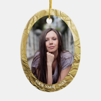 Custom Photo Oval Gold Foil Effect Christmas Ceramic Tree Decoration