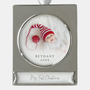 Custom Photo Overlay Name Baby First Christmas  Silver Plated Banner Ornament