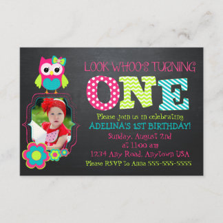 Custom photo Owl 1st Birthday invitation