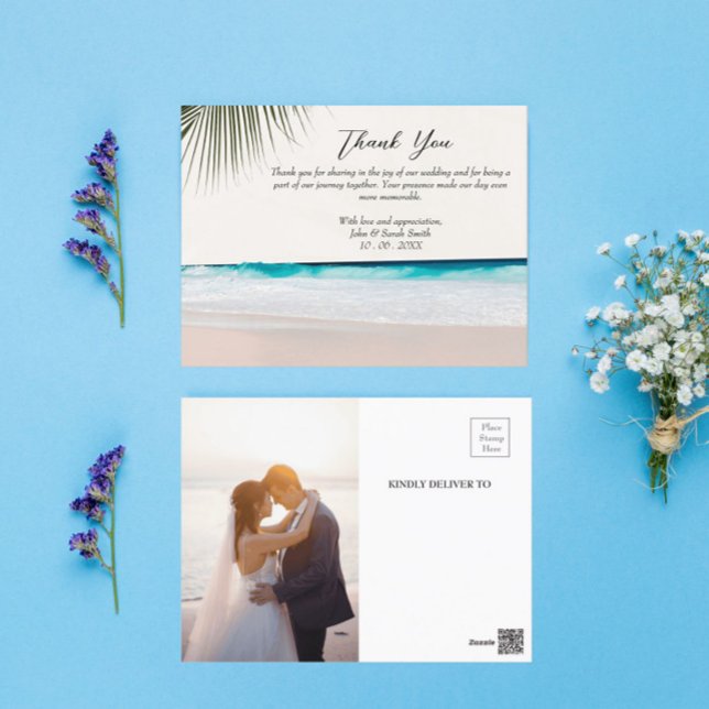 Custom Photo Palm Leaves Beach Wedding Thank You Postcard (Creator Uploaded)
