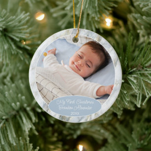Custom Photo Pastel Blue Grey Marble Pattern 2024 Ceramic Tree Decoration