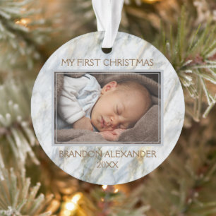 Custom Photo Pastel Blue Grey Marble Pattern Ornament