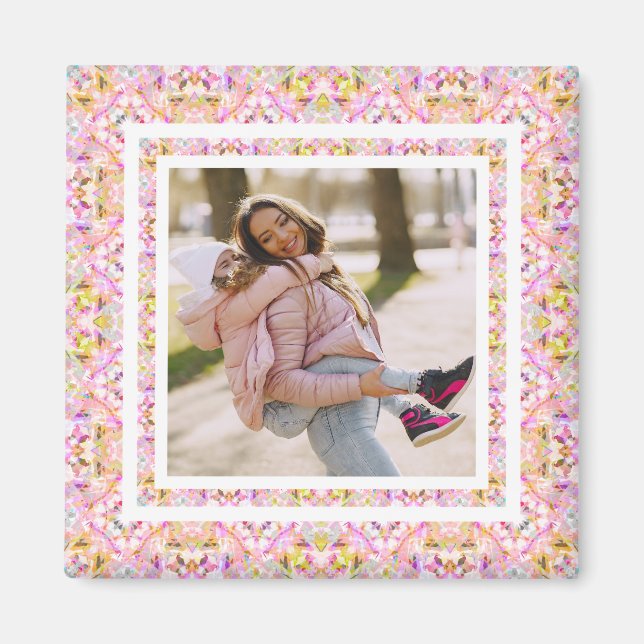 Custom Photo Pastel Pink Happy Green Mother’s Day Magnet (Front)