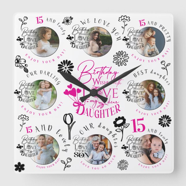 Custom Photo Pattern Daughter Birthday Square Wall Clock (Front)
