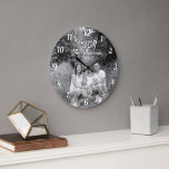 Custom photo personalised name black and white large clock<br><div class="desc">Custom photo personalised name black and white white letters and numbers retro font wall clock. A lovely personalised gift for a couple,  for family,  house warming or other occasion.</div>