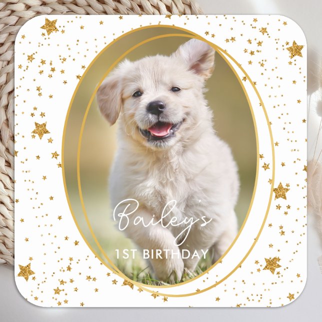 Custom Photo Pet Dog Birthday Gold Glitter Stars Square Sticker (Creator Uploaded)