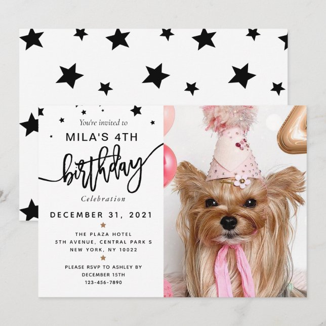 Custom Photo Pet Dog Birthday Party Black Invitation (Front/Back)