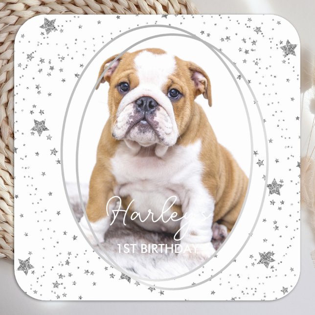 Custom Photo Pet Dog Birthday Silver Glitter Stars Square Sticker (Creator Uploaded)