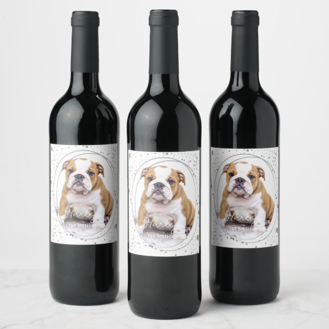 Custom Photo Pet Dog Birthday Silver Glitter Stars Wine Label (Bottles)