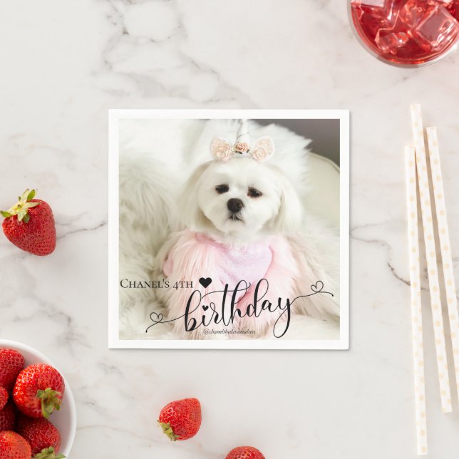 Custom Photo Pet Dog Birthday Typography Black Napkin (Insitu)