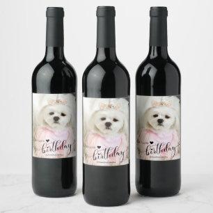 Custom Photo Pet Dog Birthday Typography Black Wine Label