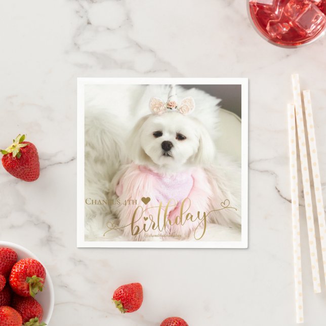 Custom Photo Pet Dog Birthday Typography Gold Napkin (Insitu)