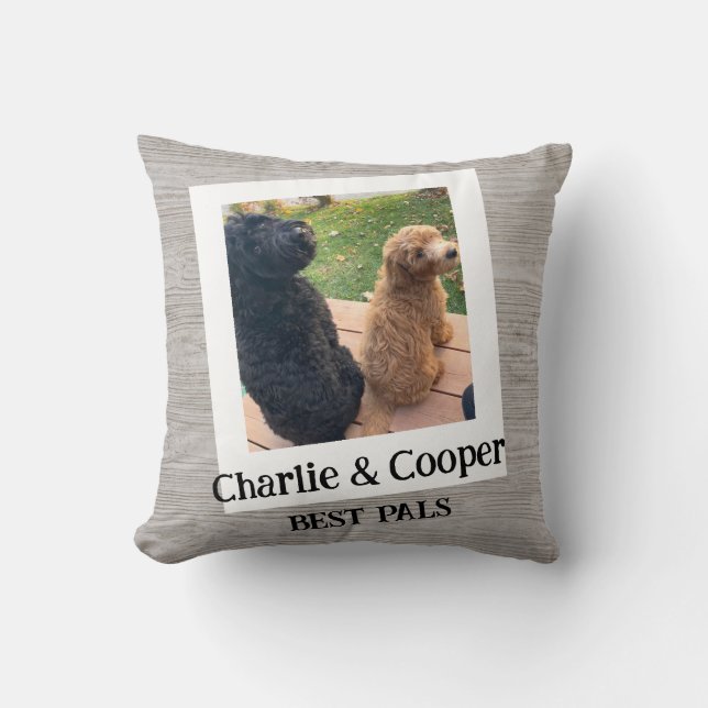 Custom Photo Pet Dog Duo "Best Pals" Wood Grain Cushion (Front)