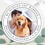 Custom Photo Pet Dog Just Married Wedding Classic Round Sticker<br><div class="desc">Add the finishing touch to your dog wedding announcements with these custom photo, and personalised 'My Humans Got Married stickers. Customise with your favourite photo,  names and date. COPYRIGHT © 2020 Judy Burrows,  Black Dog Art - All Rights Reserved. Custom Photo Pet Dog Just Married Wedding Classic Round Sticker</div>