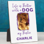 Custom photo pet dog name white purple plaque<br><div class="desc">Add a heartwarming touch to any room with our "Life is Better with a Dog" Tabletop Plaque with Easel! This charming plaque is perfect for dog lovers, featuring a sleek design and a heartwarming quote to brighten up your home. Whether it's on your desk, shelf, or mantle, it brings an...</div>