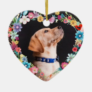 Custom Photo Pet Memorial Floral Blue Heart Shape Ceramic Tree Decoration
