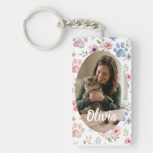 Custom Photo Pet Watercolor Floral & Paw Prints Key Ring