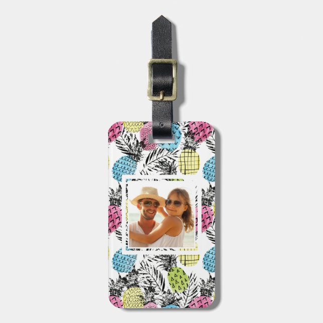 Custom Photo Pineapple Grunge Palms Luggage Tag (Front Vertical)