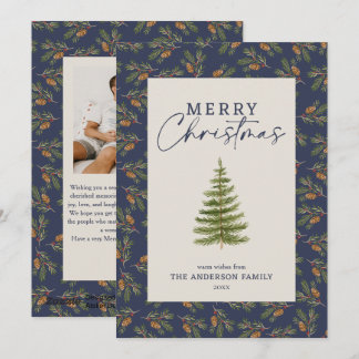 Custom Photo Pinecone Rustic Watercolor Navy Blue Holiday Card