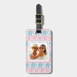 Custom Photo Pink And Teal Elephant Pattern Luggage Tag