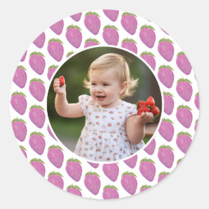 Custom photo pink Berry First Birthday party Classic Round Sticker