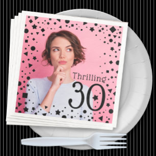 Custom Photo Pink Black Confetti 30th Birthday Napkin