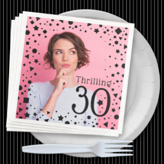 Custom Photo Pink Black Confetti 30th Birthday Napkin