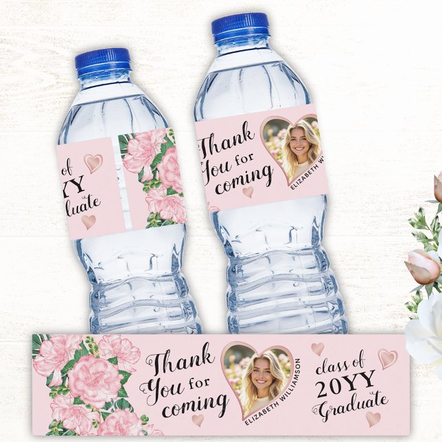 Custom Photo Pink Floral 2025 Graduation Thank You Water Bottle Label (Creator Uploaded)