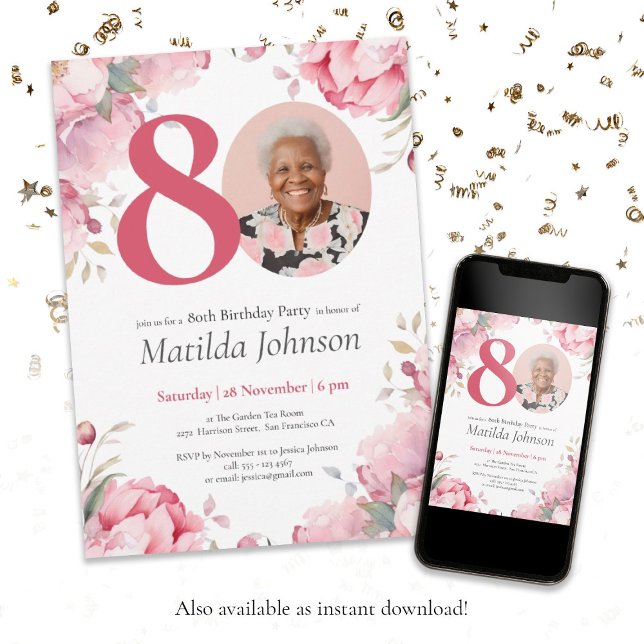 Custom Photo Pink Floral 80th Birthday Invitation (80th Birthday Pink Floral Botanical Custom Photo Invitation)