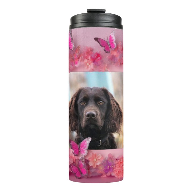 Custom photo pink floral butterflies thermal tumbler (Front)