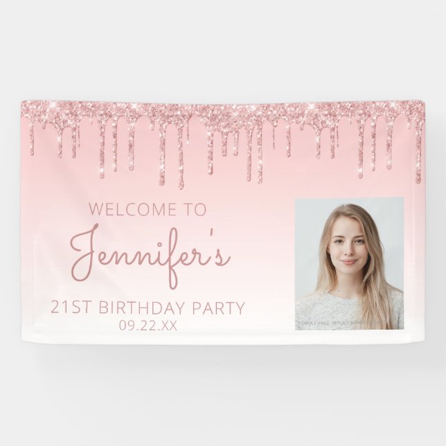 Custom Photo Pink Glitter Drip 21st Birthday Party Banner (Horizontal)