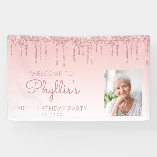 Custom Photo Pink Glitter Drip 80th Birthday Party Banner (Horizontal)