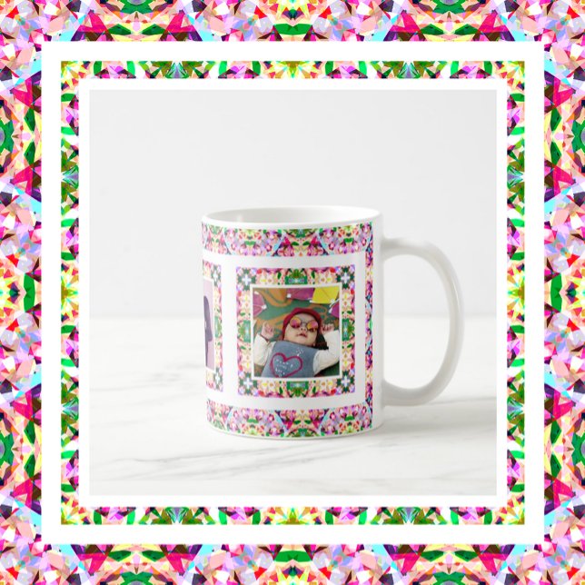 Custom Photo Pink Green Mother’s Day Mum Keepsake Coffee Mug (Vibrant Pink and Happy Green Three Custom Photo Mother’s Day Keepsake Tea and Coffee Mug )