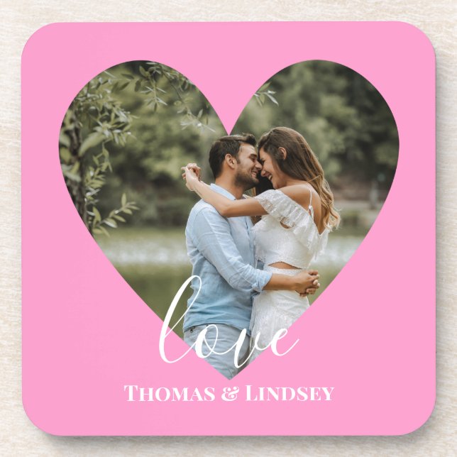 Custom Photo Pink Heart Frame Modern Calligraphy Coaster (Front)