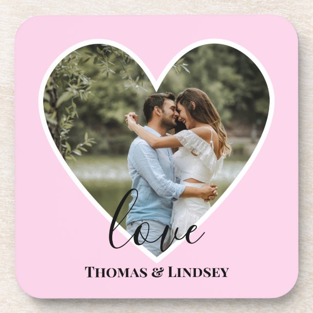 Custom Photo Pink Heart Frame Modern Calligraphy Coaster (Front)