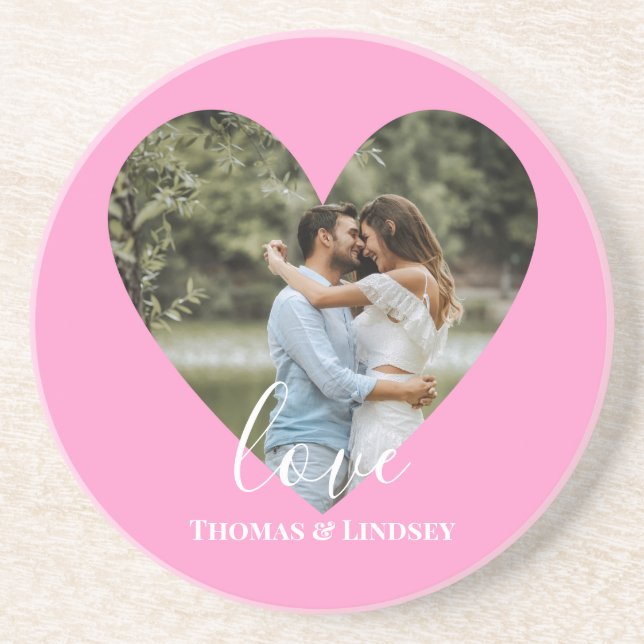 Custom Photo Pink Heart Frame Modern Calligraphy Coaster (Front)