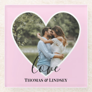 Custom Photo Pink Heart Frame Modern Calligraphy Glass Coaster