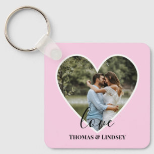 Custom Photo Pink Heart Frame Modern Calligraphy Key Ring